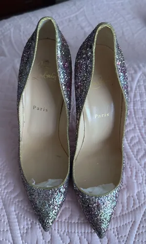 Christian Louboutin Glitter Pointed Pumps with Gold Trim thumbnail 1