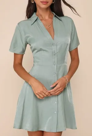 NWT Lulus Pleasant Darling Sage Green Short Sleeve Button-Up Mini Dress Size XL thumbnail 1