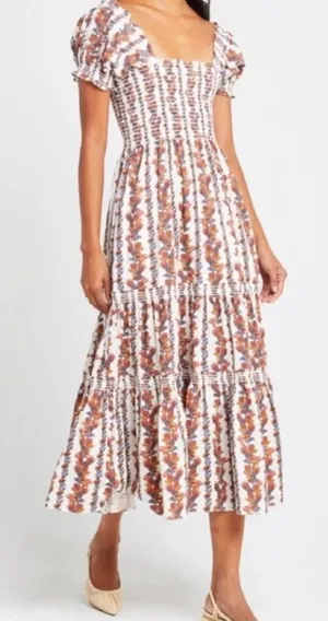 o.p.t Floral Daphne Puff Sleeve Smocked Tiered Midi Sundress White Pink Large thumbnail 1