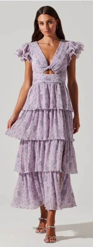 ASTR the Label Pleated Tiered Midi Dress Small Purple Floral Wedding Guest Party thumbnail 1