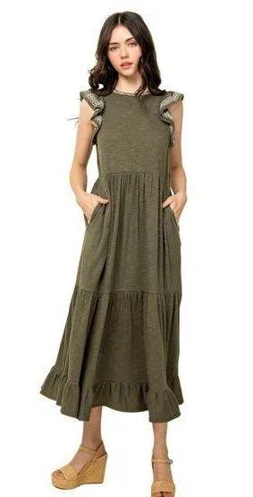 THML size small Flutter Sleeve Olive Dress thumbnail 1