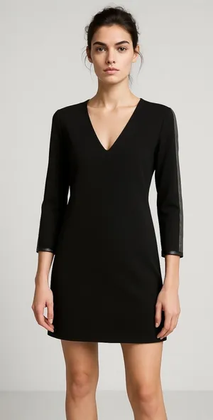 Mango Black V-neck Leather Trim Half Sleeve Career Business Mini Sheath Dress 6 thumbnail 1