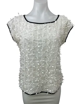 Ann Taylor Women's White Lace Bow Ribbon Short Cap Sleeve Shirt Blouse Top Sz S thumbnail 1
