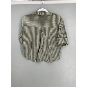 Zara Women Button Down Shirt Olive Green White Striped Cuffed Sleeve Size XS thumbnail 3