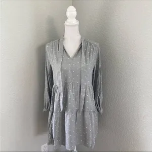 Zara Gray Swiss Dot Long Sleeve V-Neck Tiered Short Casual Dress Size XS thumbnail 2