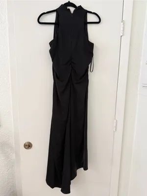Donna Karan New York Black Satin Halter Midi Dress Ruched Side Slit Size‎ 4 thumbnail 4
