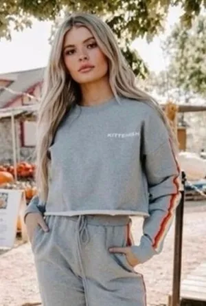 Kittenish Grey Cropped Sweatshirt Rainbow Stripe Sleeve Lounge‎ Athleisure M thumbnail 1