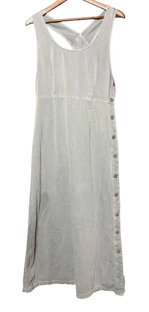 One‎ World Maxi Dress Women Medium Green Vintage Button Side Cross Back Cotton thumbnail 1