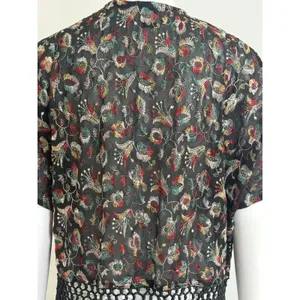 Forever 21 Women’s Sheer Kimono Cardigan Black Embroidered Fringe Boho Festival Size S thumbnail 9