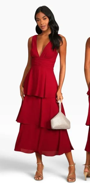 Lulus Celebration Time Red Sleeveless Tiered Midi Dress size Medium NWT thumbnail 1