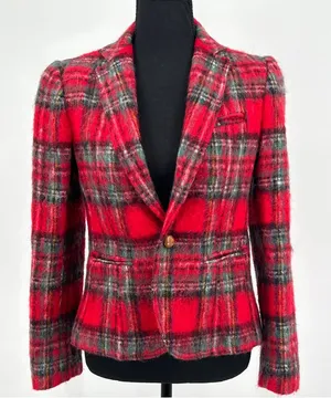 Vintage Mohair Wool‎ Blazer Women's Tartan Plaid Classic Jacket Red Size 4 Small thumbnail 1