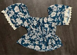 AUW Floral Navy Top with Lace Trim on Mid-Sleeves thumbnail 1