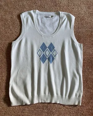 Lady Hagen White Sweater Vest L Argyle Diamond Knit Sleeveless Pullover Cotton thumbnail 1