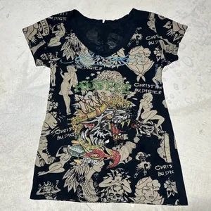 Ed Hardy Women's Tiger Mini AOP T Shirt Dress Fitted Crew Neck Y2K SZ M RARE thumbnail 1