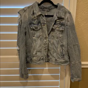 Free People Light Blue Distressed Denim Jacket thumbnail 4