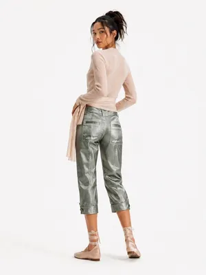 NEW Free People Ryder Pants L Metallic Silver Satin Moto Crop Vegan Shiny Green thumbnail 2