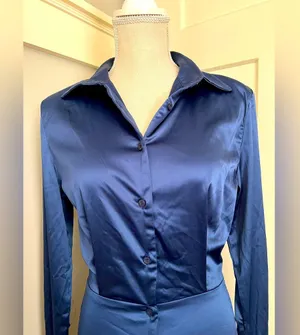 Boutique NWOT Womens Super Sexy Satin Shirt Dress Silky Satiny Dark Navy Size Medium thumbnail 2