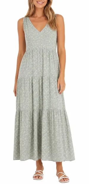 See You Monday Sage Green Floral Ribbed V-Neck Tiered Maxi Dress Womens Large thumbnail 1