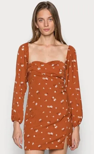 Abercrombie Fitch Rust Brown Floral‎ Sweetheart Neck Puff Sleeve MiniDress Small thumbnail 1