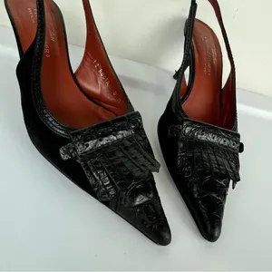 Donald Pliner Leather Sling Back Mules Sz 8 Black Kitten Heels Kiltie Point Toe thumbnail 6