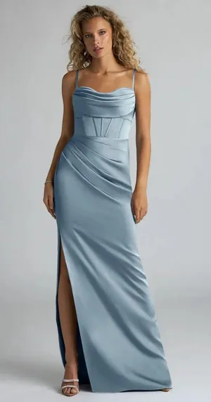 Azazie Mai Moody Blue Stretch Satin Dress thumbnail 1