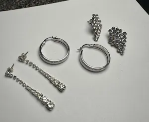 Sparkly Clear Rhinestone Pierced Earrings Lot Of 3 Dangle Hoop Stud Silver Tone thumbnail 1
