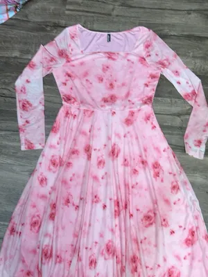 Blush Pink Floral Long-Sleeve Midi Dress with Square Neck Size L thumbnail 3