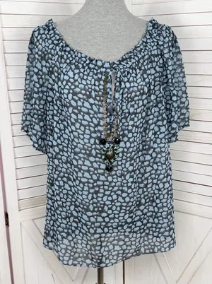 Moda International Printed Beaded Sheer‎ Peasant Blouse Blue Black Medium thumbnail 1