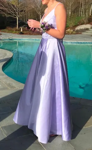 JJ's House Purple Satin A Line Open Corset Back Prom Dress thumbnail 1