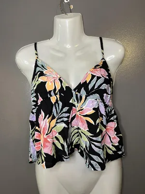 Billabong Tank Top Womens Medium Black Tropical Floral V Neck Strappy Cami thumbnail 2