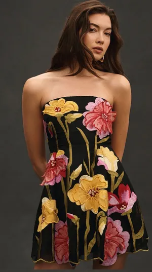 By Anthropologie Strapless Floral Organza Mini Dress Petite Medium thumbnail 1