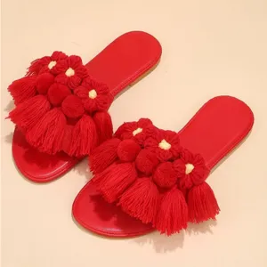 New Red Slide Sandal Tassel Pom Pom Faux Suede Slip On Bohemian Sz-8 thumbnail 4