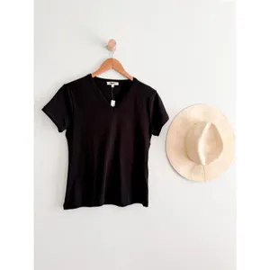 Madewell | NWT 90s V Neck Baby Tee Black Compact Cotton Fitted | Sz L thumbnail 2