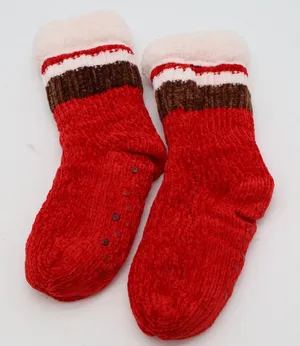 Red Chenille Slipper Socks Faux Fur Lined Non-Slip Gripper One Size Cozy Winter thumbnail 1