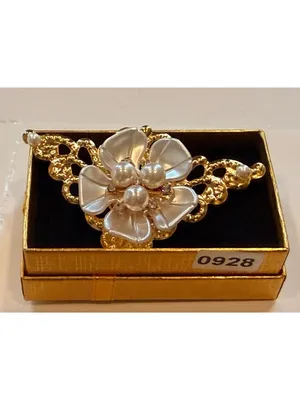 Gold Tone Floral Brooch Pin With Faux Pearl & Rhinestone Accents Gift Box Includ thumbnail 2