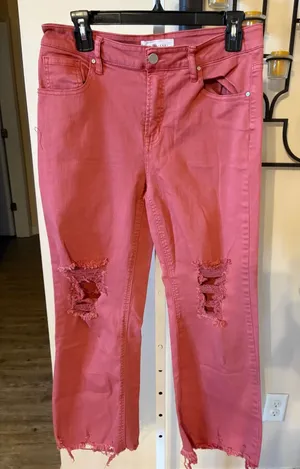 Risen Jeans Womens 9/29 Pink Distressed Straight Leg Raw Hem High Rise Denim thumbnail 1