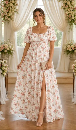 NWOT - M - MARTHEA - Floral Puff-Sleeve Maxi Dress in Blush Pink thumbnail 1