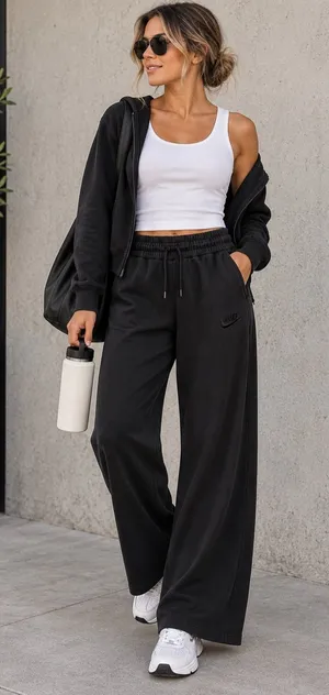 Nike Black Jersey Knit Wide Leg Pull On Athleisure Lounge Travel Pants thumbnail 1