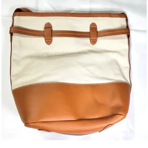 LOULU Brand Bucket‎ Bag Purse 12 x 10 x 4 LARGE Bag, Beige Brown Canvas Faux thumbnail 4