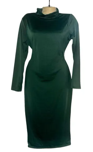 Elegant Deep Green Turtleneck Long-Sleeve Midi Dress thumbnail 1