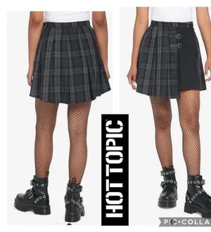 Hot Topic Black & Grey Plaid Buckle Asymmetrical Pleated Skirt size large thumbnail 2