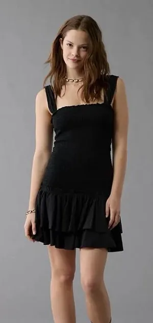 NWT American Eagle Outfitters Black Smocked Bodice Tiered Mini Dress XL thumbnail 1