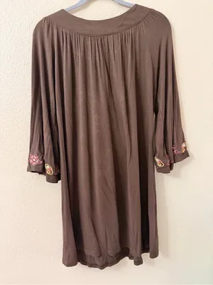 Real Brown Embroidered Boho Tunic Dress Size L Paisley 3/4 Sleeve thumbnail 3