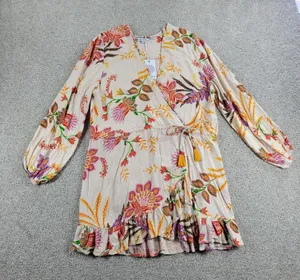 Blue Island Beach Wrap Dress M Cream‎ Red Floral Ruffle Hem Tie Waist New thumbnail 1