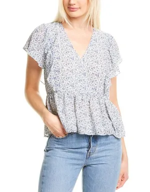Madewell georgette ruffle sleeve peplum blue & white floral top thumbnail 1