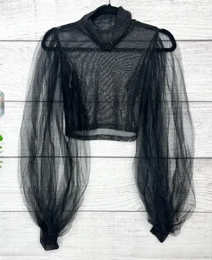 Sheer Black Sparkle Mesh Long Tulle Sleeve Crop Top Size Small thumbnail 1