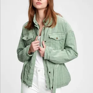 GAP Quilted Utility Belted Jacket In Green Dollar Size Medium thumbnail 5