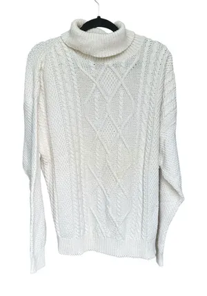 Vintage 90s Fisherman Style Cable‎ Knit Turtleneck Sweater Ivory Cotton USA L thumbnail 1
