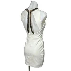 H&M White Gold Beaded Neck Formal Cocktail Bodycon Sheath Mini Dress Size S thumbnail 2