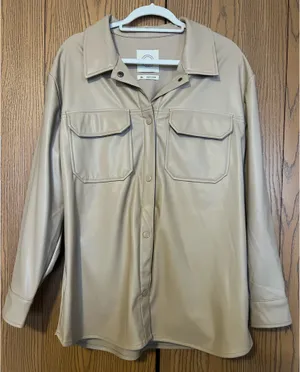 Leather Oversized Shirt Jacket Button Up Jacket Tan Size XL thumbnail 1